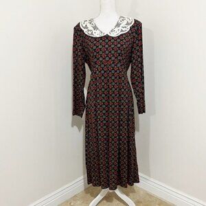 Vintage Expo Red Blue Floral Long Sleeve Midi Dress w/ Mesh Lace Collar Size 10